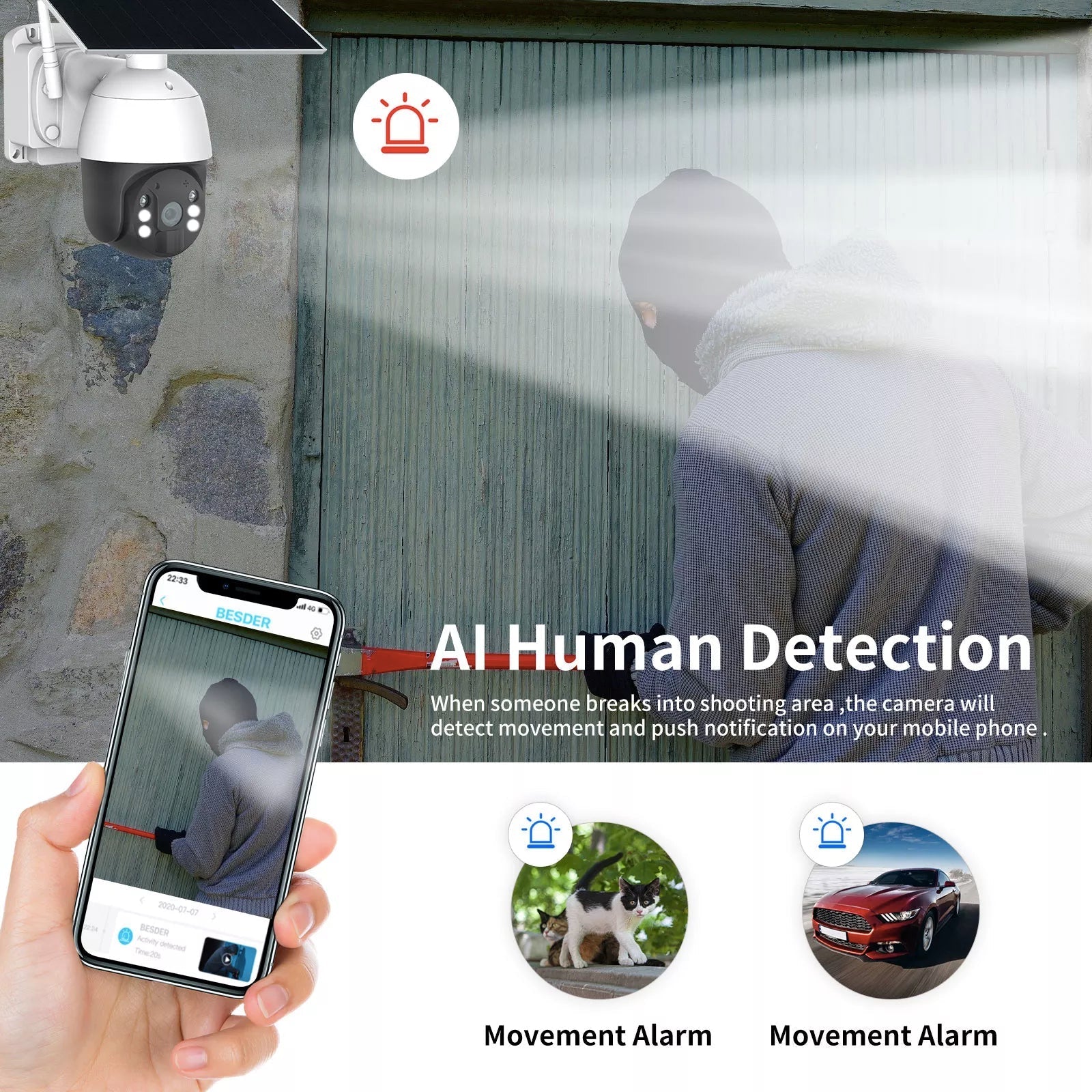 4G Wireless Wi-Fi Solar Power 24 Hour Recording PTZ Camera 1080p HD Video Night Vision Wirefree Installation