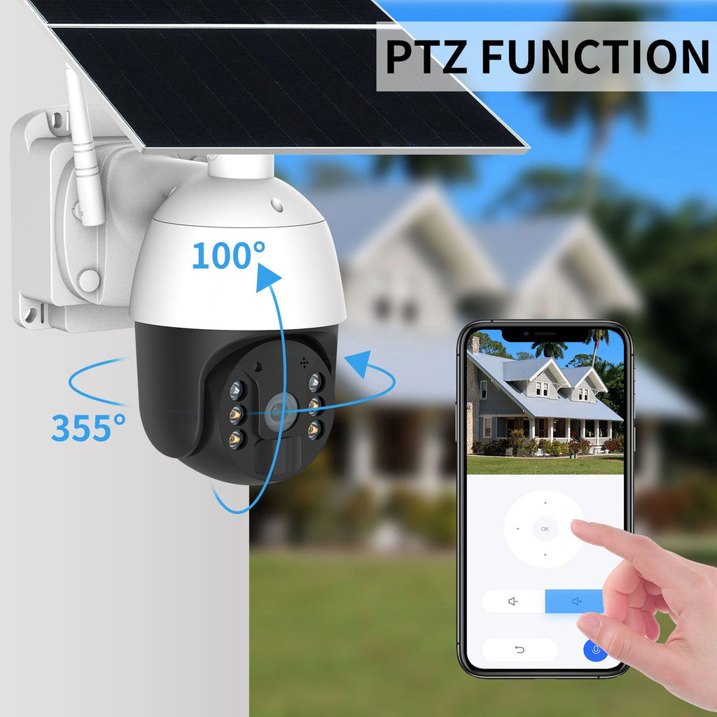 4G Wireless Wi-Fi Solar Power 24 Hour Recording PTZ Camera 1080p HD Video Night Vision Wirefree Installation