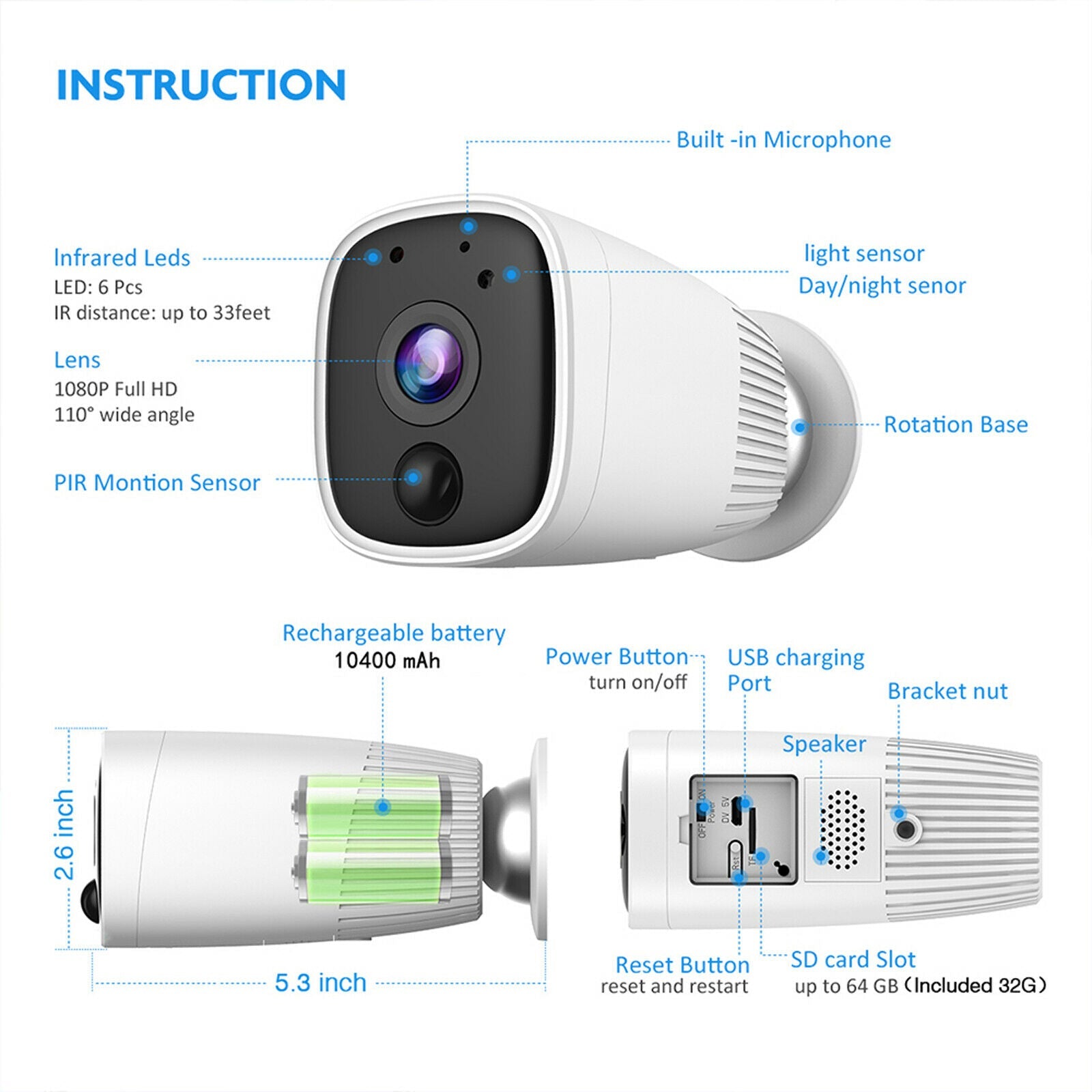 6 Month Battery Power Wire Free Wireless Wifi Video Camera Recorder 2 Way Audio Ubox App