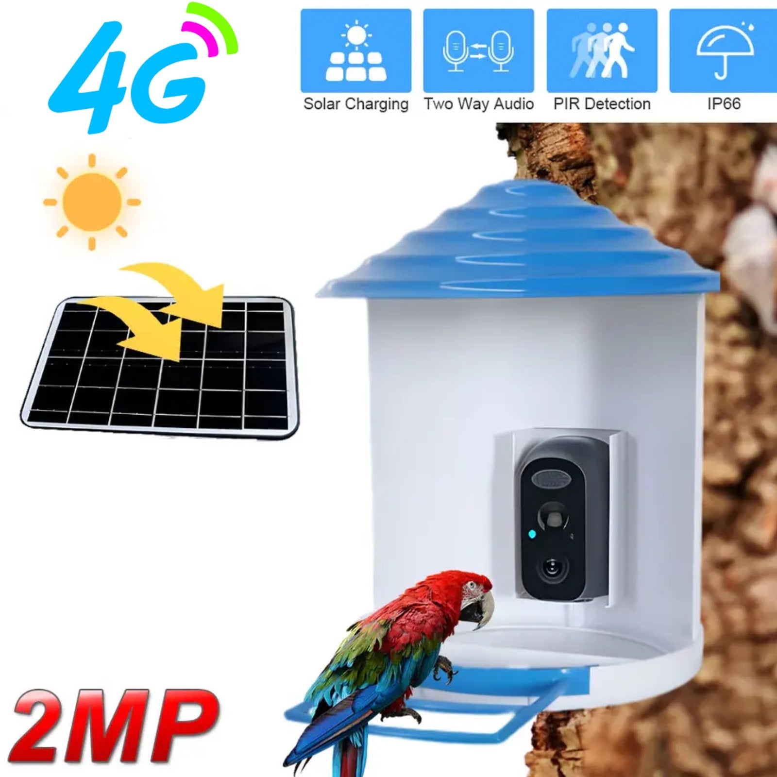 Bird Feeder Camera 4G LTE Sim Card 1080p HD Battery Solar Power No Wiring Needed