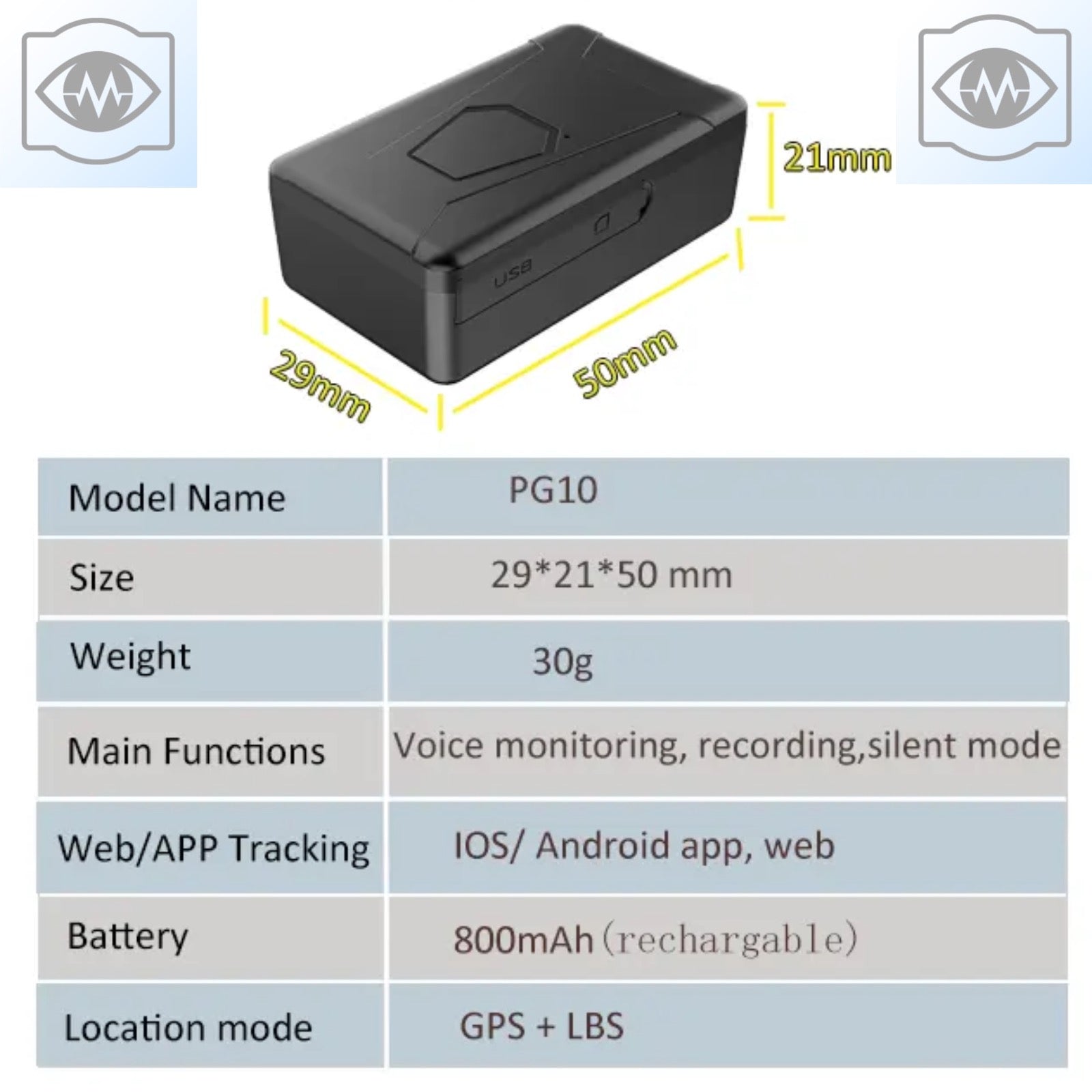 PG10 Mini Magnetic GPS Tracker Live Historical Track Audio Monitor 1 Month Battery Geo Fence Push Alerts