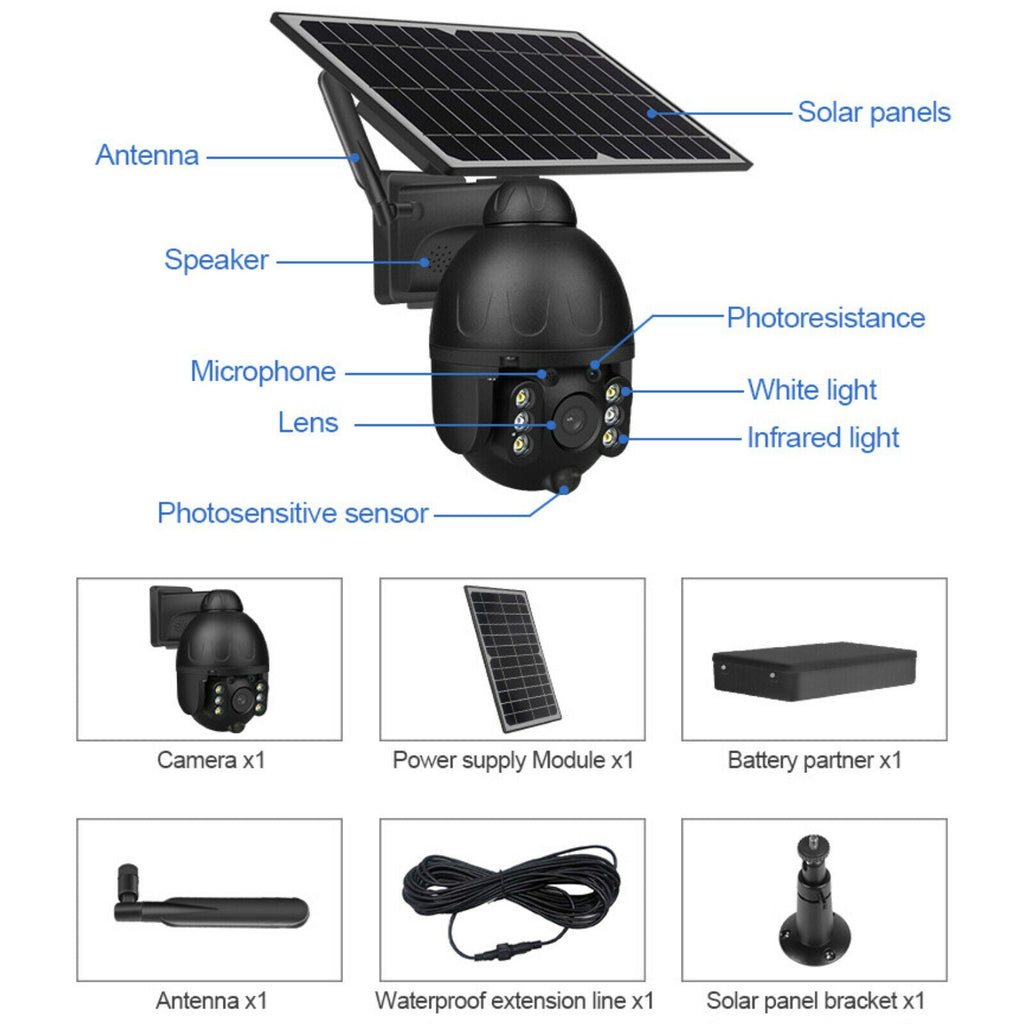 4G WiFi Solar Power Dome Camera Wireless Video CCTV PTZ 2 Way Audio PIR Night Vision