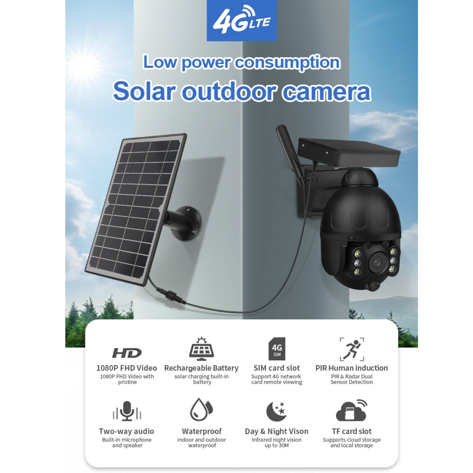 4G WiFi Solar Power Dome Camera Wireless Video CCTV PTZ 2 Way Audio PIR Night Vision