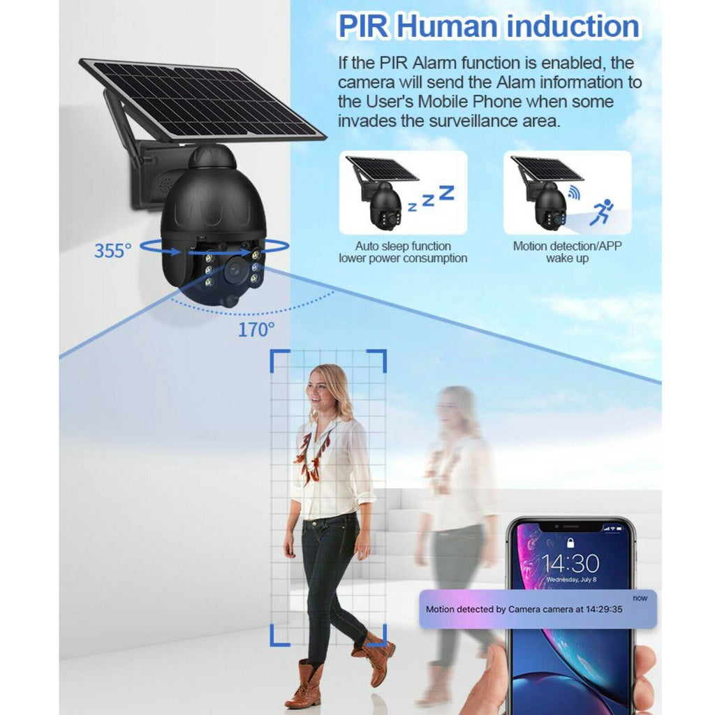 4G WiFi Solar Power Dome Camera Wireless Video CCTV PTZ 2 Way Audio PIR Night Vision